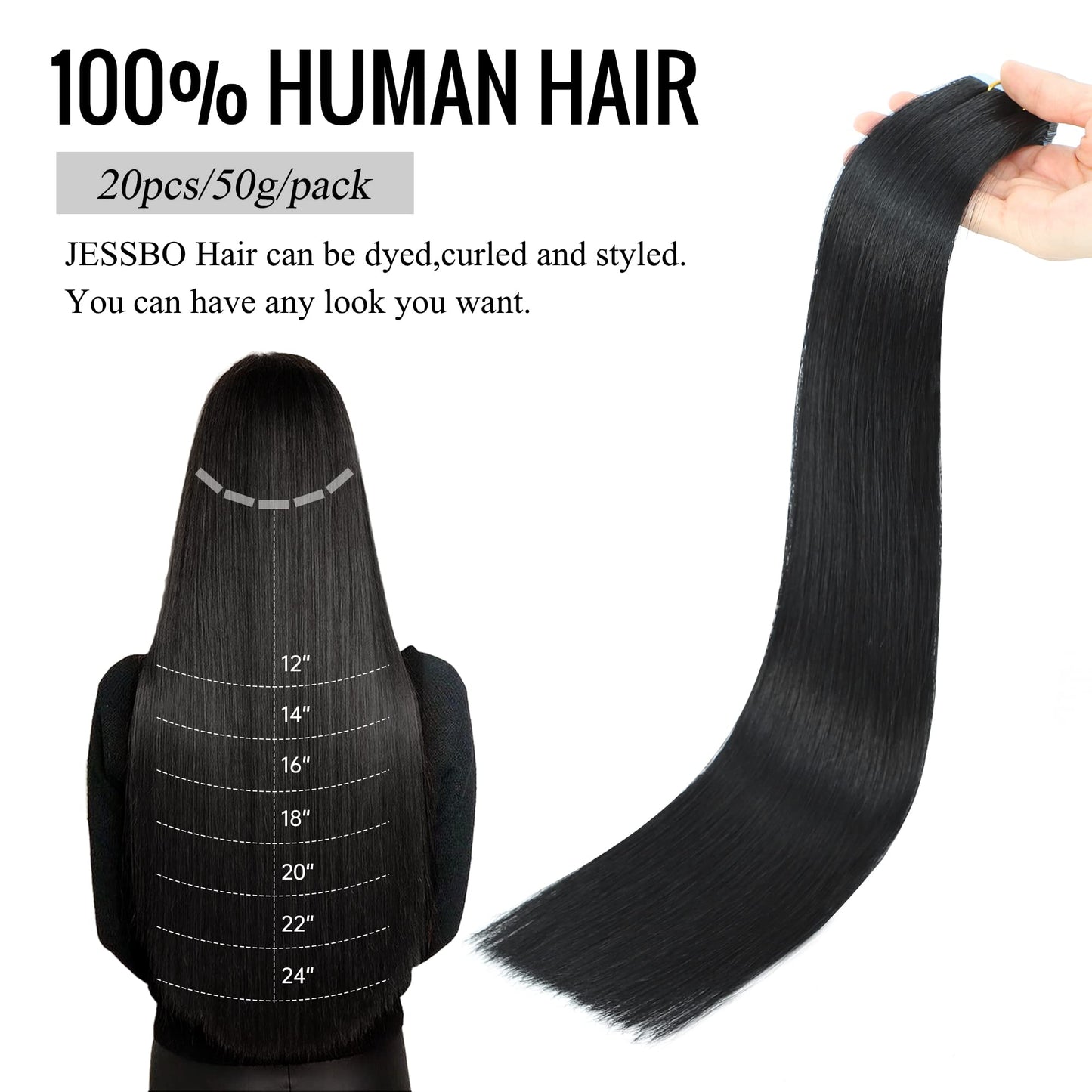 JESSBO Tape in Hair Extensions Human Hair Straight Natural Black 100% Remy Human Hair 20 inch 20pcs 50g/pack Seamless Skin Weft Tape in Extensions for Women (20 Inch #1B Natural Black)