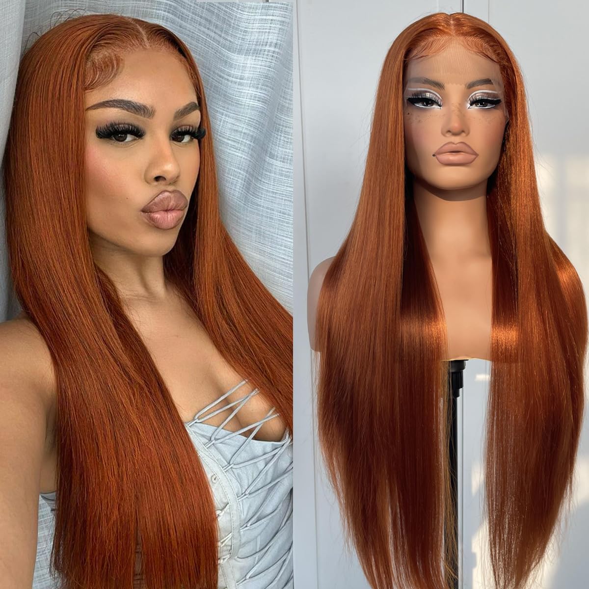 MITIMES Ginger Orange Lace Front Wig Pre Plucked Synthetic Long Straight Ginger Lace Front Wigs 180 Density Glueless Ginger HD Lace Front Wig 32inch