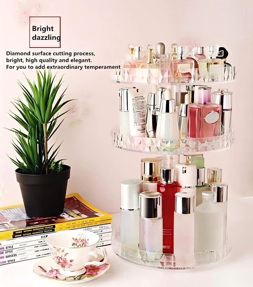 Diamond Pattern Perfume Organizer - 360° Rotating Acrylic Cosmetic Storage Box | Desktop Skincare Dresser