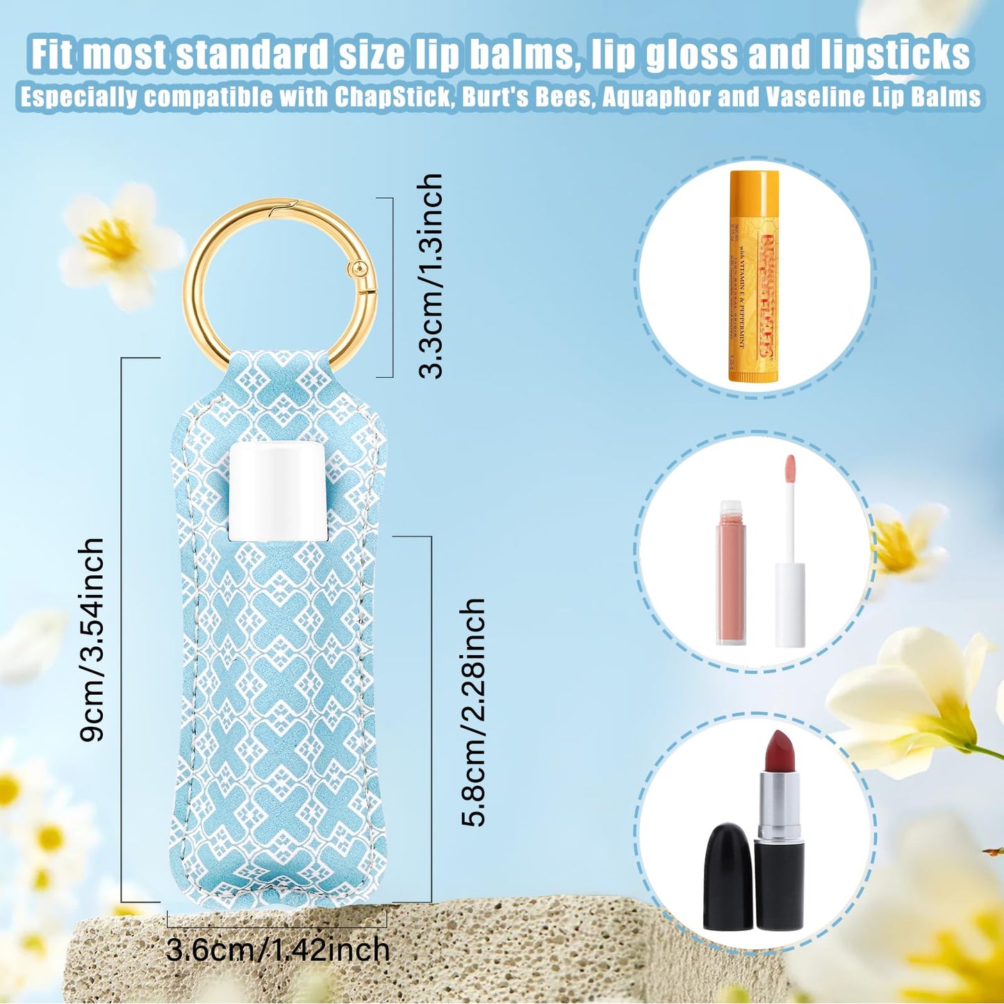 WK IEASON Lip Balm Holder Keychain Clip On PU Leather Lipstick Sleeve Pouch Lip Gloss Holder Lip Balm Sleeve Holder Keychain 3PCS（Floral Set B）