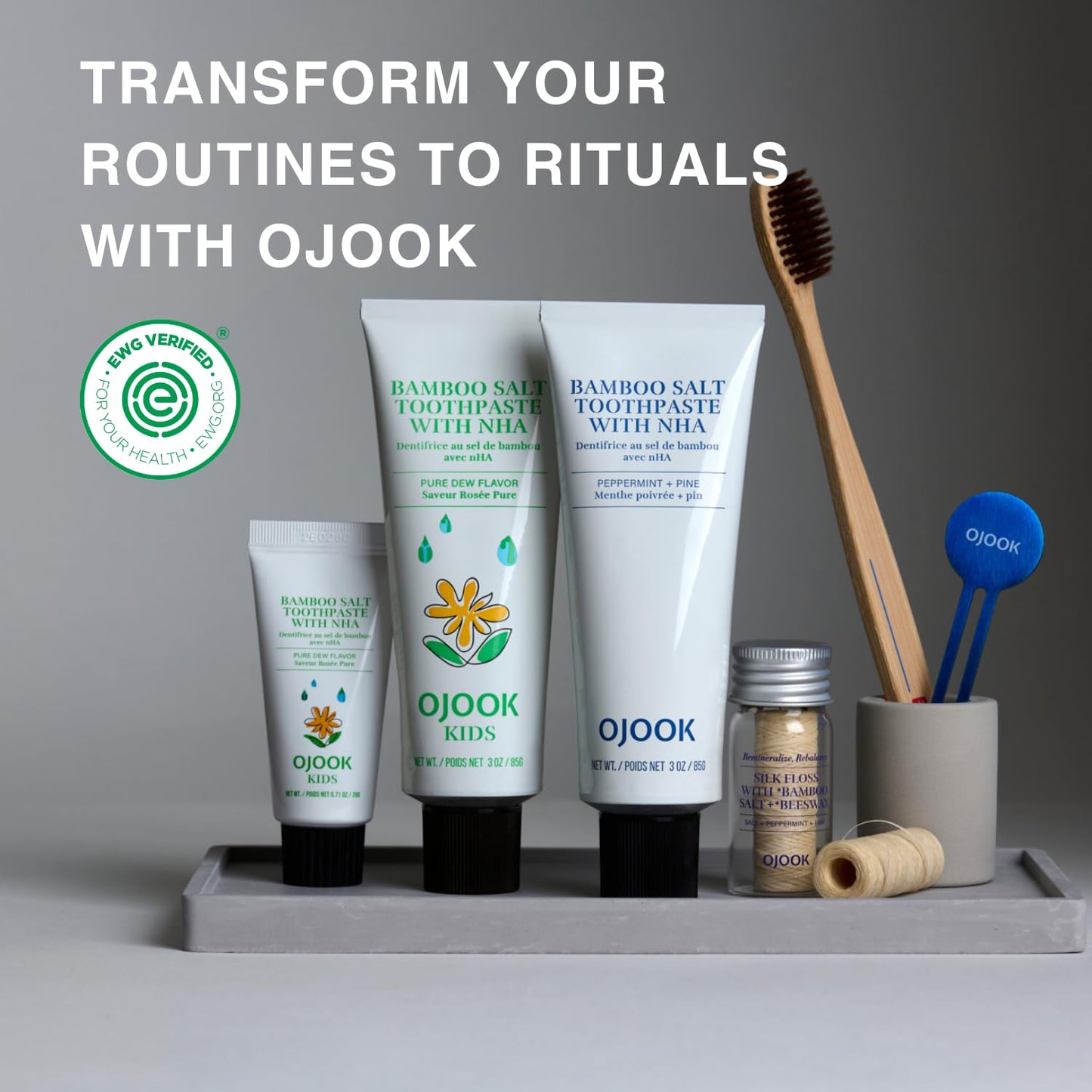 OJOOK Bamboo Salt Toothpaste with nHA | Fluoride Free, Nano Hydroxyapatite, Remineralizing, Sensitive Teeth, Whitening - Dentist Recommended Oral Care - Pepperming & Pine Flavor, 3 Fl Oz 1 Pk