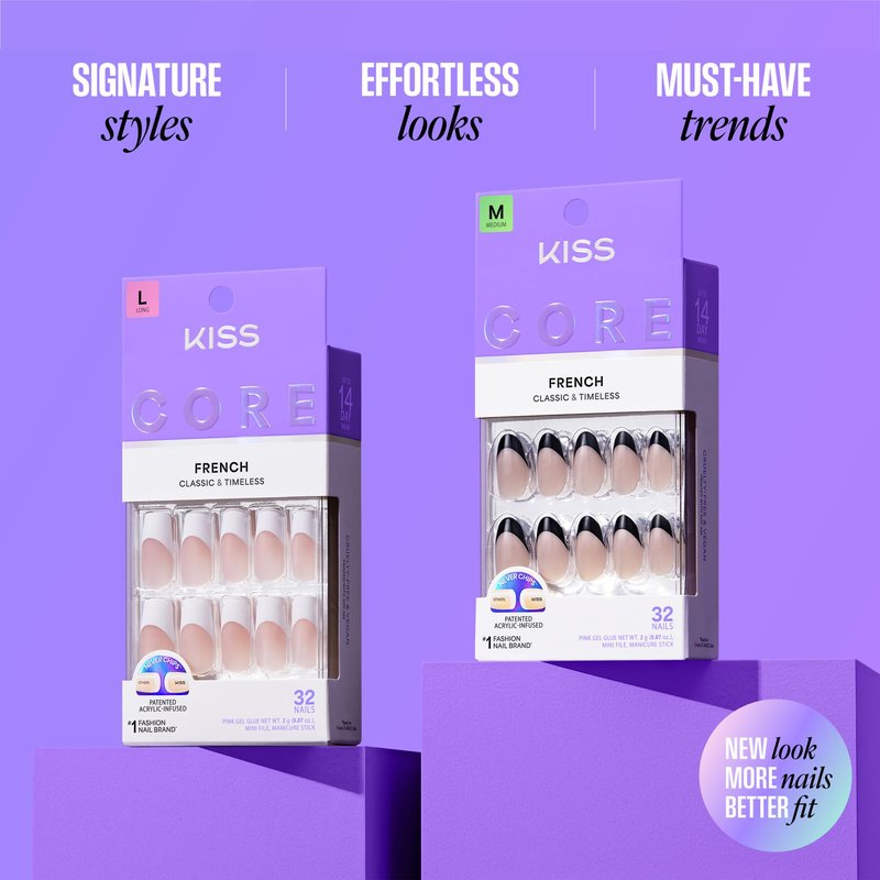 Kiss Core, Press On Nails, Nail glue included, 'Burble', Pink, Medium Size, Almond Shape, Includes 32 Nails, 2g Glue, 1 Manicure Stick, 1 Mini File