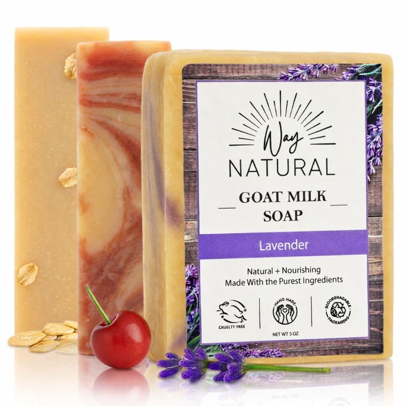 Goat Milk Soap Bar Variety 3-Pack | Natural Handmade Cold Process Soap - 5oz Bars in Lavender, Cherry Almond & Honey Oatmeal