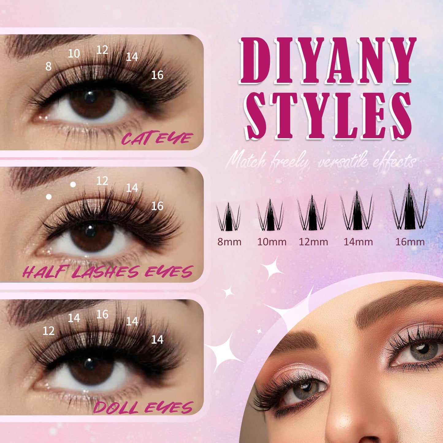 Lash Clusters Kit Manga Eyelash Clusters Kit, 8-18mm DIY Volume Eyelash Extensions, 208pcs C+D Curl Fluffy Individual False Lashes Waterproof Thin Band Salon 150-Hour Wear with Bond Seal Tweezers