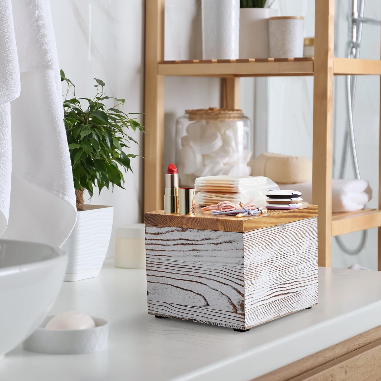 Bivvclaz Disposable Face Towel Holder, White Washed Wood Face Towel Container Compatible with Clean Towels XL, Face Towels Storage Box with Lid, Makeup Remover Organizer for Vanity, Bathroom