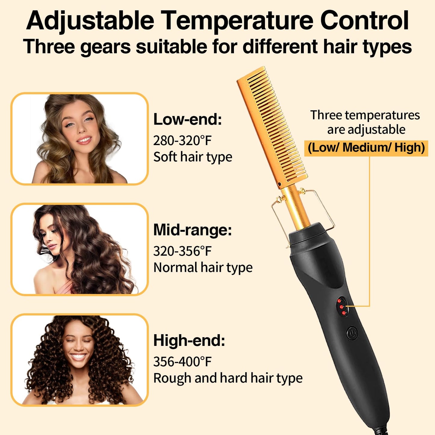 Hot Comb Hair Straightening Brush with Adjustable Settings, Fast Heating for Wigs and Black Hair, Professional Anti-Scald, Auto Shut-Off