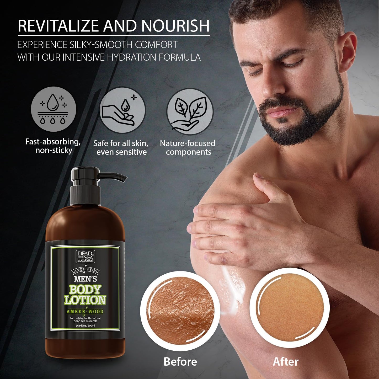 Dead Sea Collection Amberwood Men's Body Lotion - Amberwood Oil and Dead Sea Minerals - Maximum Hydration Nourishing Moisturizing Lotion for Men - 16.9 Fl Oz Bottle