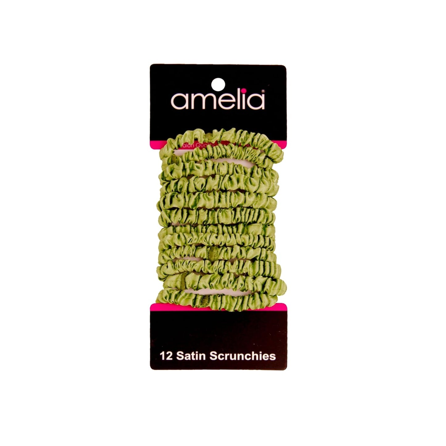 Amelia Beauty, Black, Skinny Satin Scrunchies, 12 Pack – 2in Diameter, Gentle & Strong Hold, No-Snag, No-Dent, Crease-Free Hair Ties
