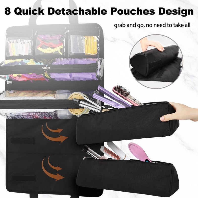 Hair Tools Travel Bag, Roll Up Tool Bag Organizer for Hair Stuff, Hairstylist Traveling Bag with 8 Detachable Zipper Pouch, Professional Cosmetology Bag for Hairdresser Barber, Heat Resistant Lining