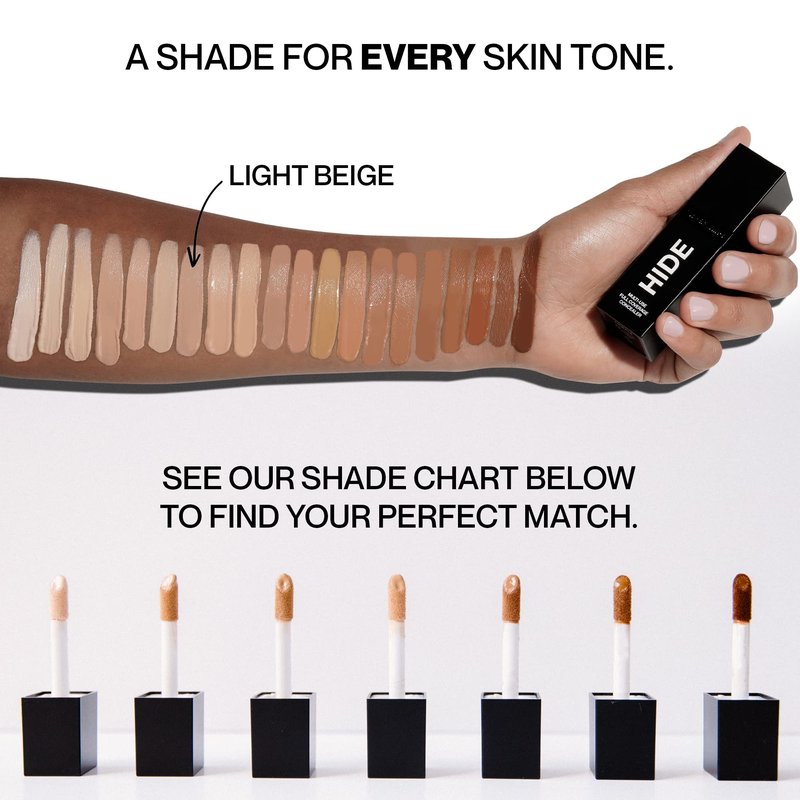 HIDE Multi-Use Full Coverage Concealer, Oil-Free & Longwearing Under Eye Concealer for Blemishes, Dark Circles, & Contouring, Vegan, Cruelty-Free, Light Beige, 0.5 fl oz