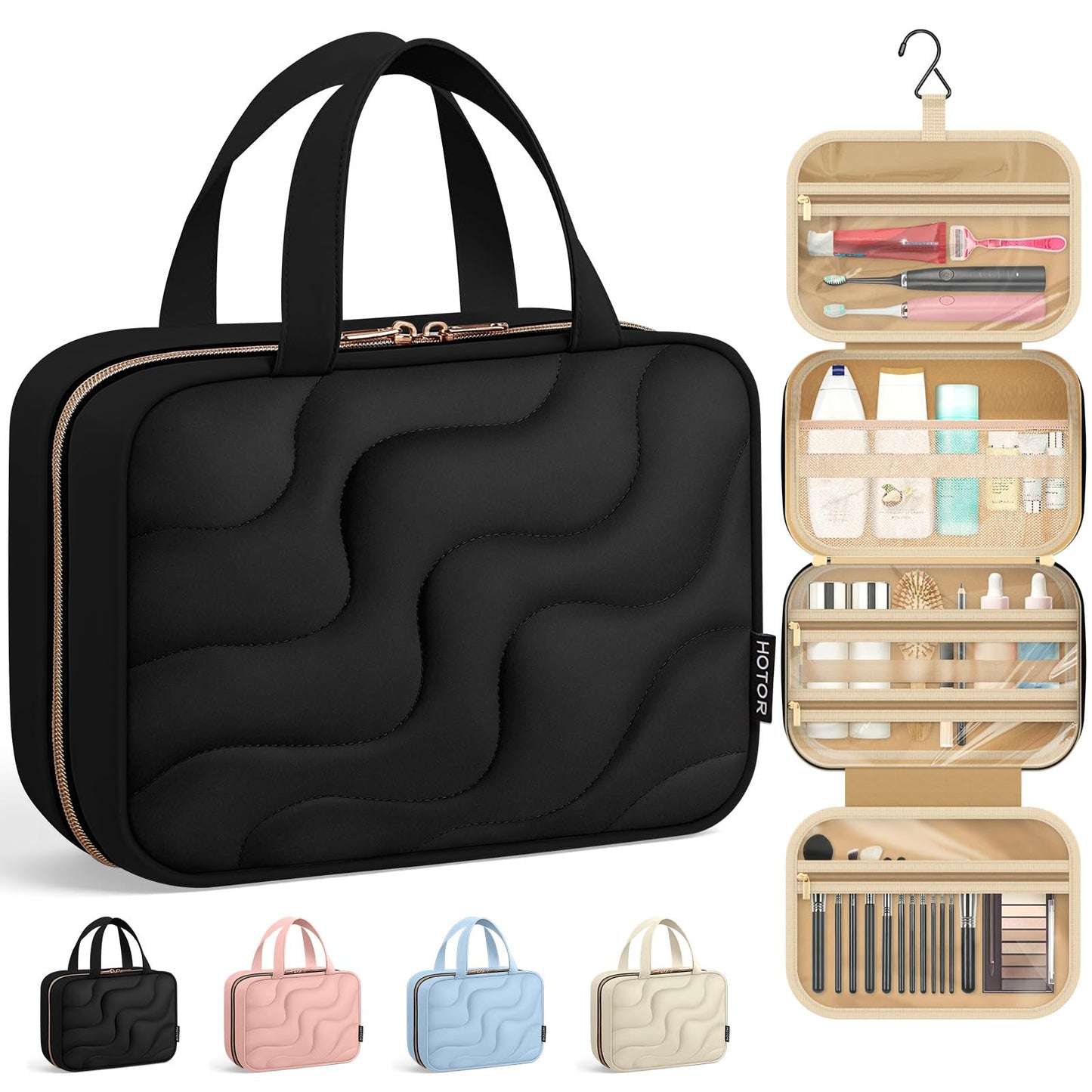 HOTOR Hanging Toiletry Bag - Spacious Travel Toiletry Bag for Women & Men, Multi-Pocket Makeup Organizer, Travel & Cruise Essentials for Business Trip, Gym, Black, 12.6" x 9.9" x 4.3"