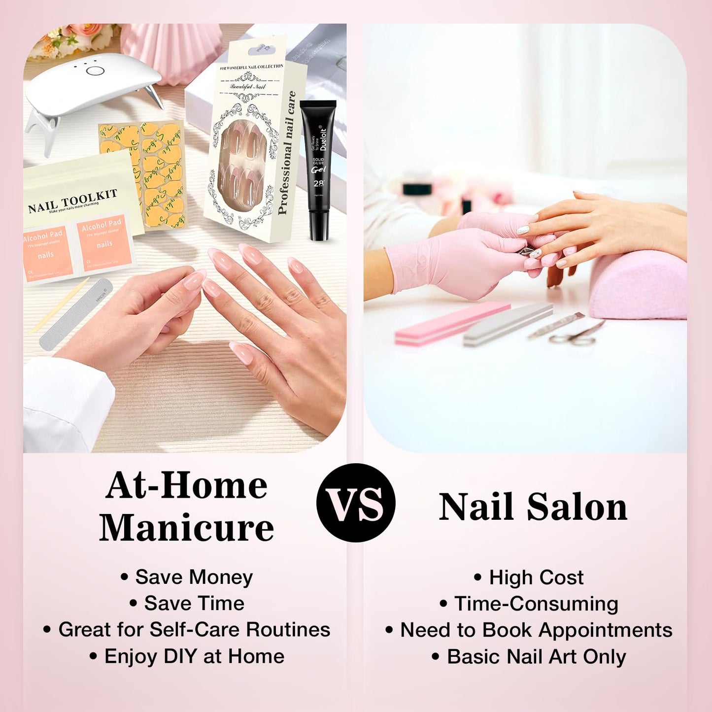 Press On Nails Kit with Nail Lamp, 24Pcs Pink French Tip Short Almond Gel Nails 16 Sizes, All-in-One DIY Kit with Glue Remover Top Coat Cuticle Oil Mini UV Lamp, 28+ Days Long Lasting, Gift for Women