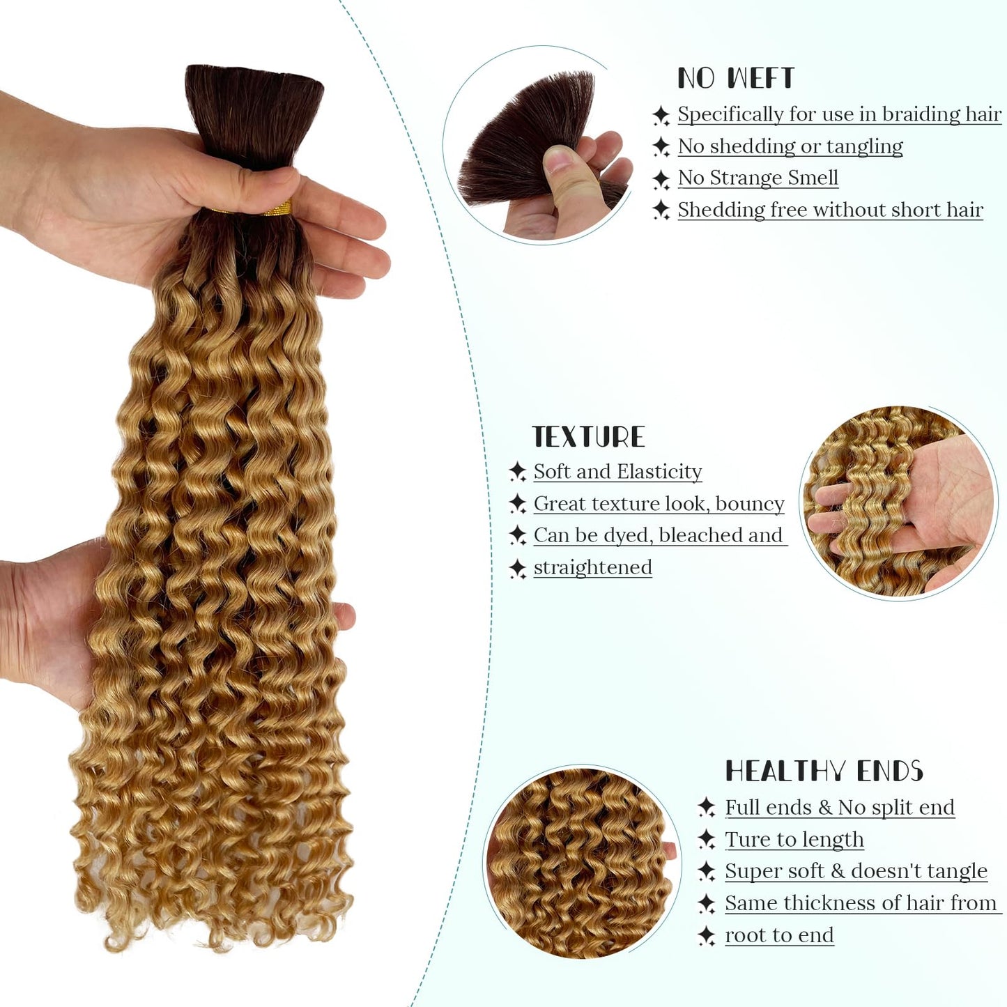 Human Braiding Hair for Boho Braids 22 Inch 100g Highlight Blonde Human Hair Bulk Water Wave 100% Curly Human Hair for Braiding Black Women Wet And Wavy Human Hair 4T27 Color