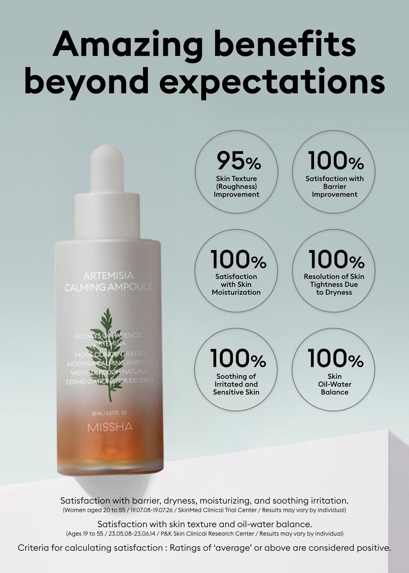 MISSHA Artemisia Calming Ampoule 1.69 Fl oz / 50ml - Face Serum for Sensitive Skin, Korean Skin Care with Double-Fermented Mugwort Extract, Hydrating & Skin Barrier Support