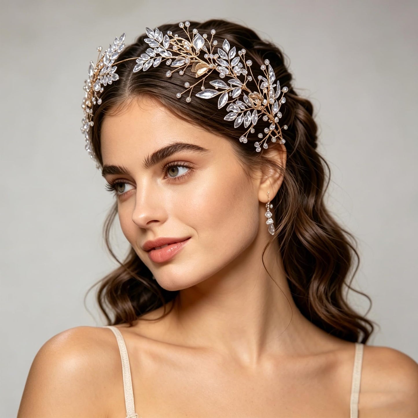 LOVFOIVER Rhinestone Wedding Headband Handmade Leaf Crystal Bridal Headpieces for Wedding Hair Accessories for Brides and Bridesmaid (Gold)