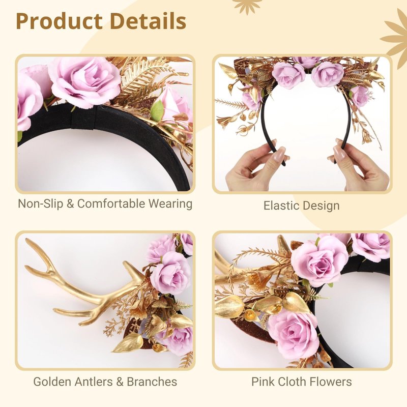 SalLady Christmas Reindeer Ear Headband - Golden Flower Antler Hairband, Woodland Floral Antler Headpiece for Women, Elk Headwear for Holiday Birthday Party Photo Props