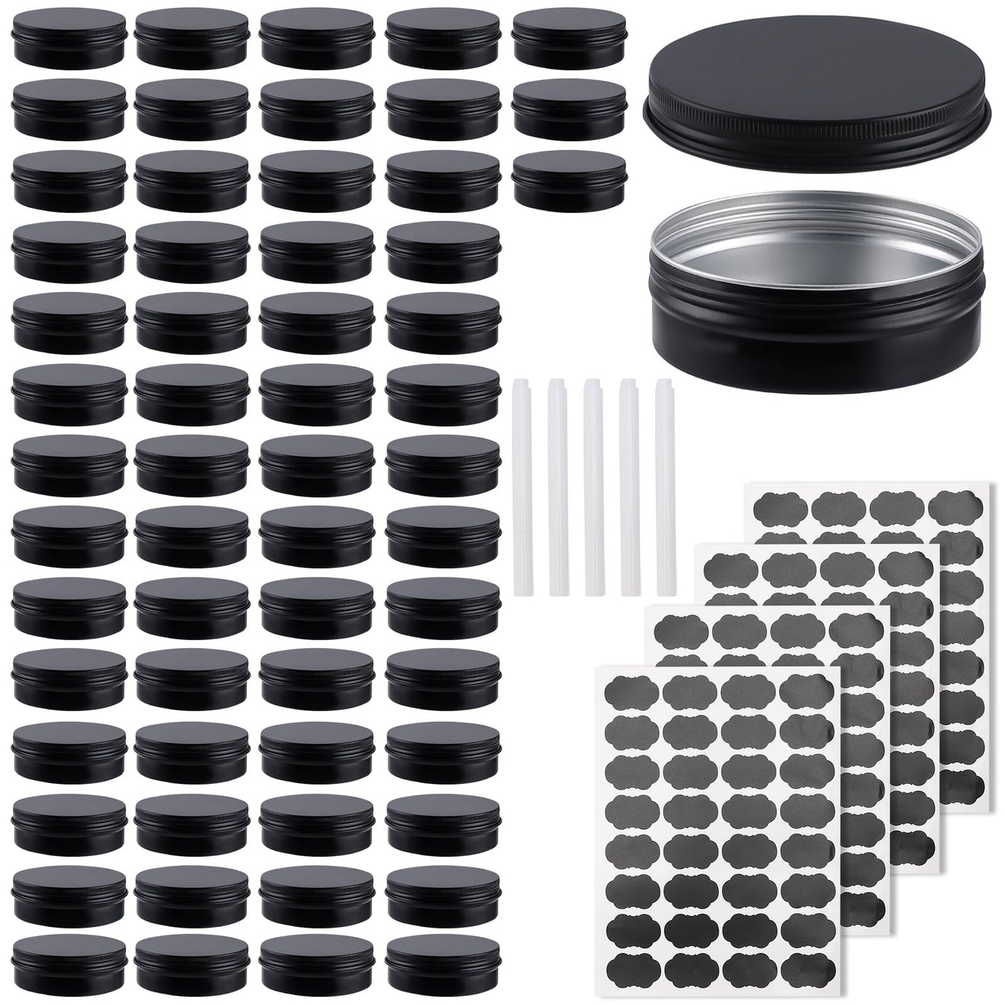 OBKJJ 60 Pack Round Cans with Screw Lid 4 Oz Aluminum Metal Tins DIY Food Candle Containers for Lotion Bars, Balms, Salve, Spices, Beard Balm, Crafts with 4 Markers 2 Sheets Label Stickers