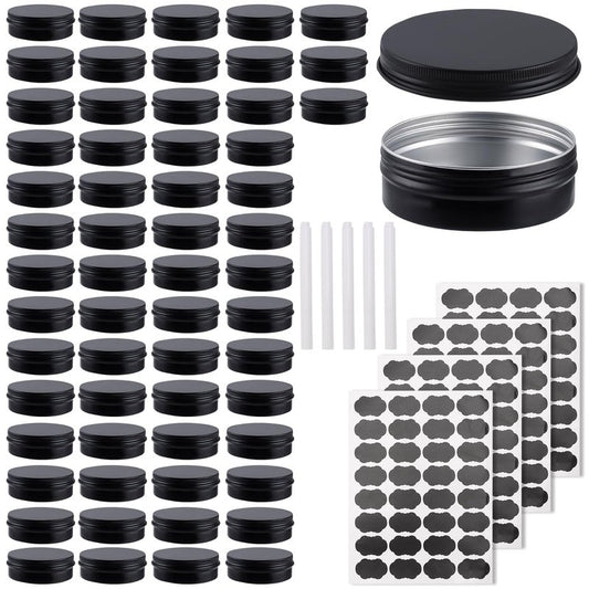 OBKJJ 60 Pack Round Cans with Screw Lid 4 Oz Aluminum Metal Tins DIY Food Candle Containers for Lotion Bars, Balms, Salve, Spices, Beard Balm, Crafts with 4 Markers 2 Sheets Label Stickers