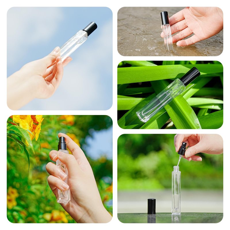 Glassfinity 16 Pack 10ml Empty Perfume Bottles, Refillable Square Glass Spray Atomizers with Funnel, Transfer Pump and Labels, Fragrance Decant Bottles for Travel and Samples, Black Caps
