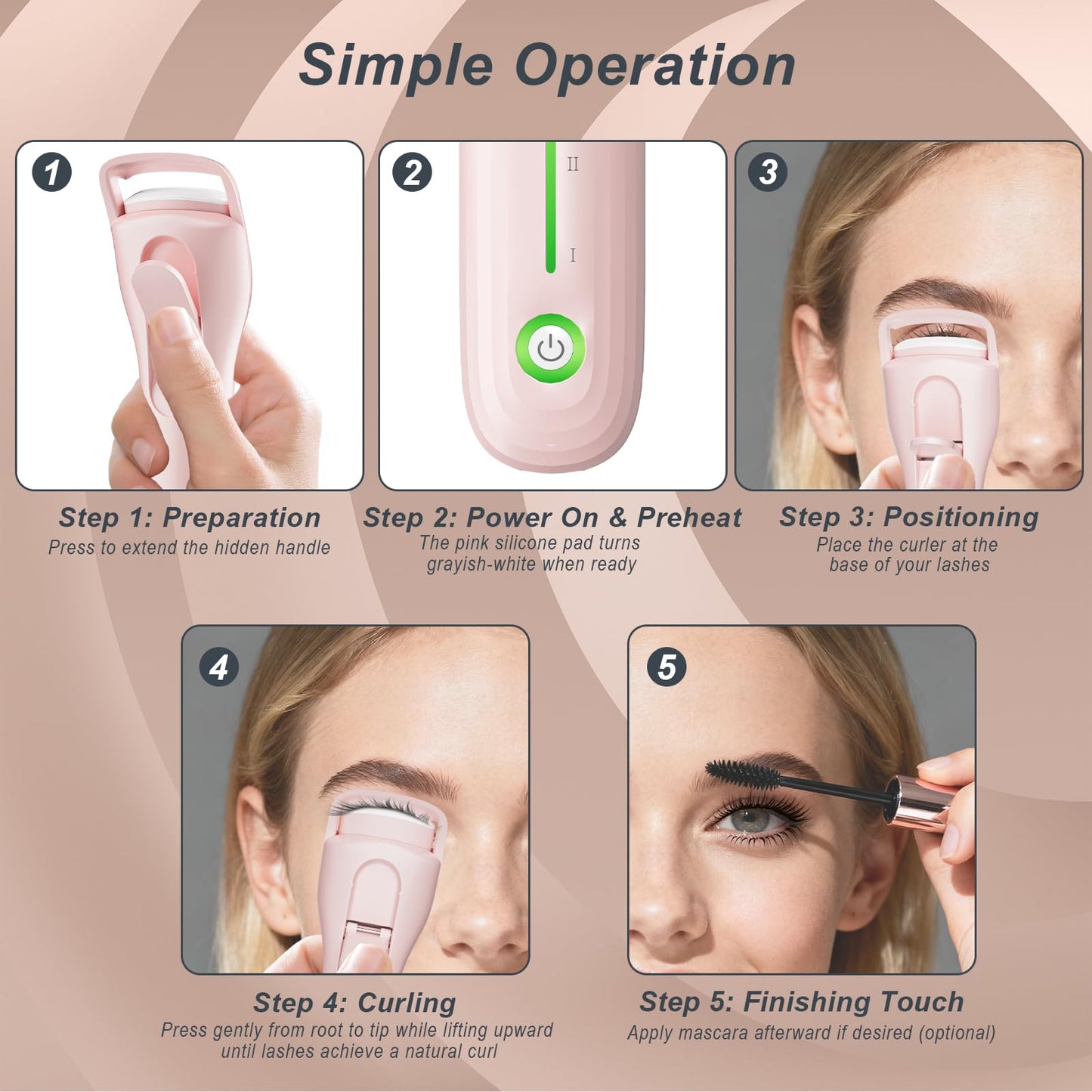 Heated Eyelash Curler for Women, Type-C Rechargeable with 3 Temp Settings & Silicone Pad for Natural C Curl, Travel-Friendly Heated Lash Curler (Pink)