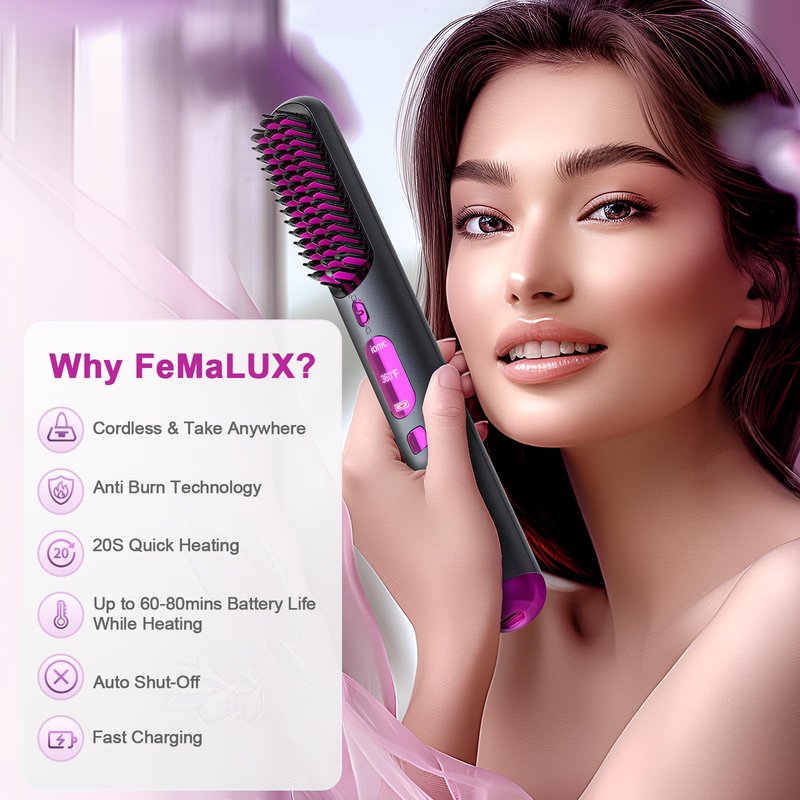 FeMaLUX Cordless Hair Straightener Brush, Portable Hair Straightener for Women,Lightweight for Travel Easy use,80mins Long Battery,10s Fast Heating, USB Rechargeable,Plasma Ionic Tech, LED Display