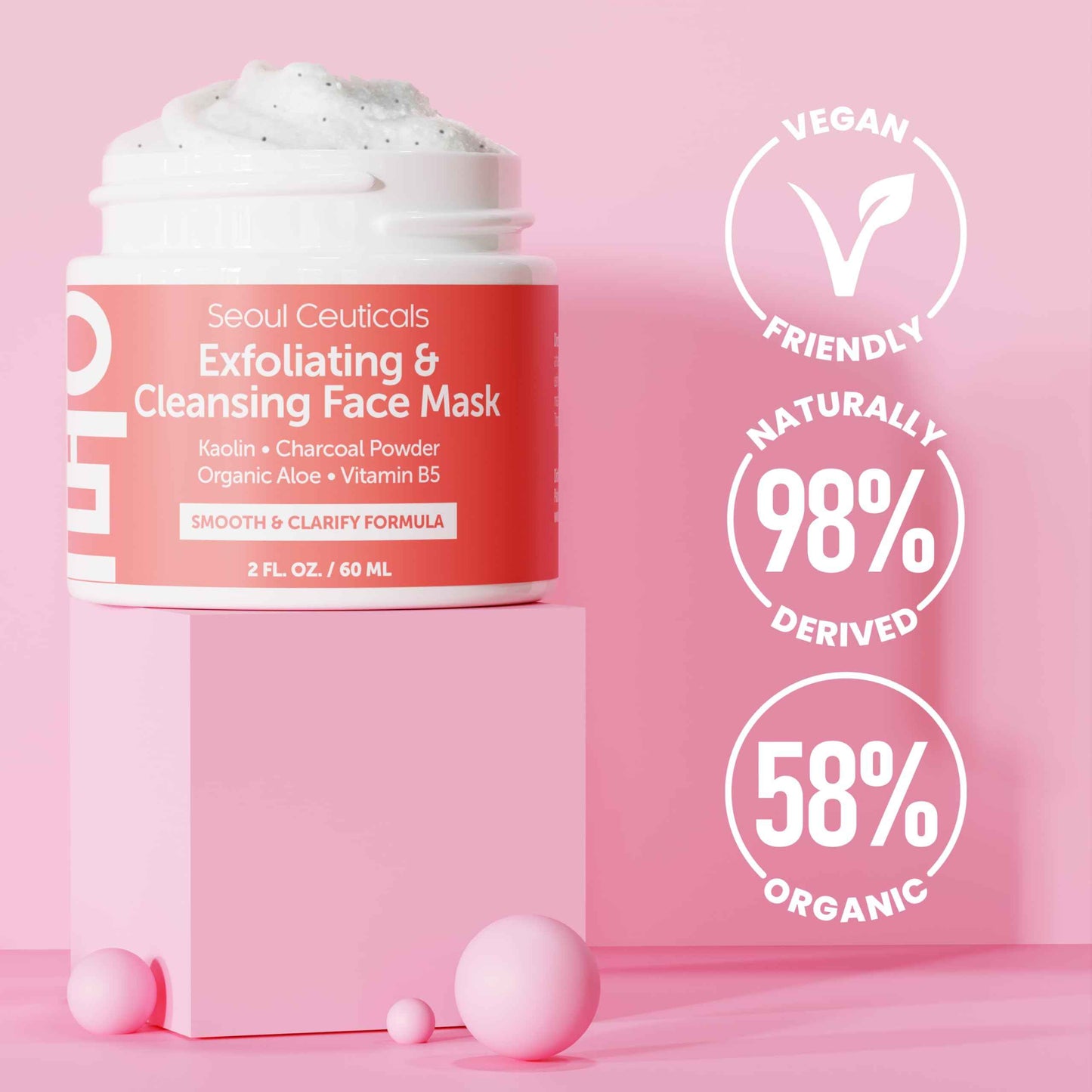 SeoulCeuticals Korean Face Scrub - Exfoliating Face Mask Skincare K Beauty Mask for Glass Skin - Kaolin Clay + Charcoal Cream Exfoliant Mask 2oz