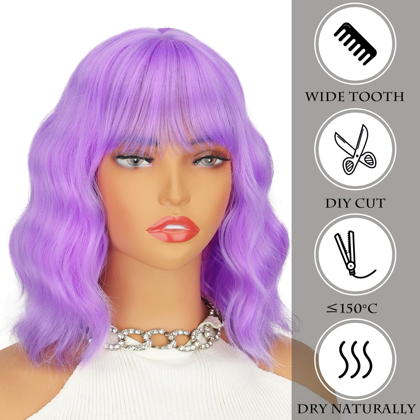 LINGHANG Purple Wig with Bangs Short Light Purple Wigs for Women, Lavender Purple Bob Wavy Wig Synthetic Cosplay Wigs for Party Halloween Party