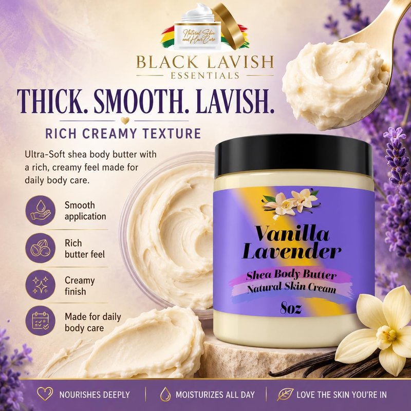 Ultra Soft Shea Body Butter Cream, Natural Hydrating Body Cream with Cocoa Butter, Mango Butter, Aloe Vera, Argan, Rosehip Oil, Moisturized Skin, Suits All Types (Vanilla Lavender, 8oz)