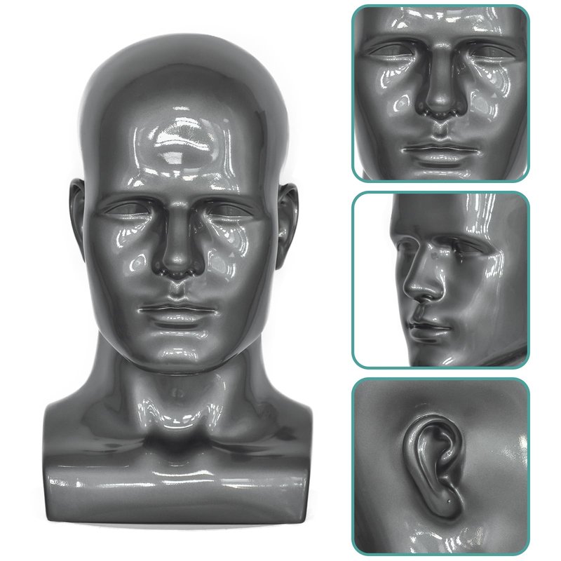 VEELTRAS Male Mannequin Head PVC Professional Head Model Training Display for Wigs Hat Mask Scarf Sunglasses with Mount Hole (sliver grey)