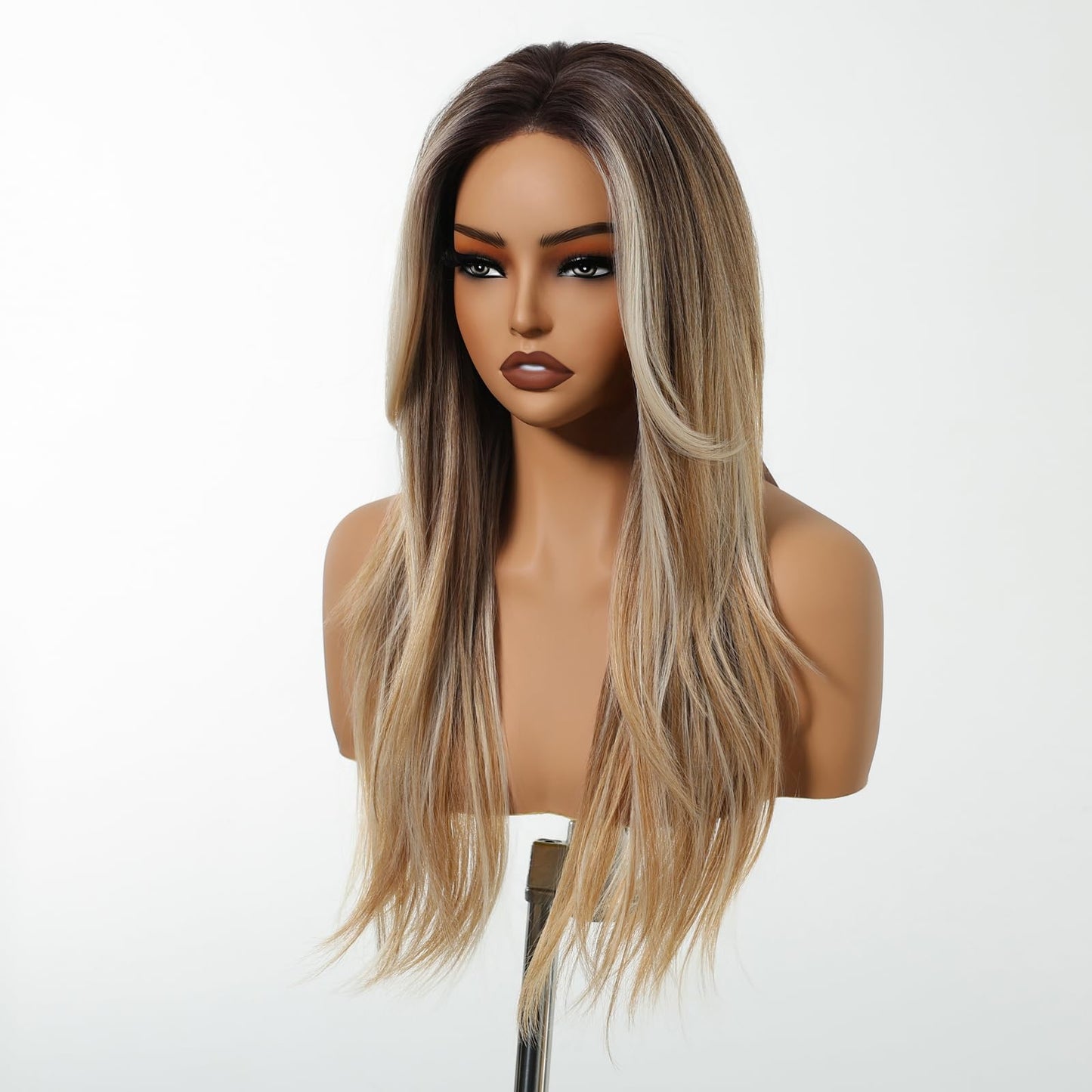 testar Long Straight Ombre Blonde Wigs for White Women Dark Brown to Blonde Highlights Silky Hair Synthetic Middle Part Wigs for Daily Use Lace Closure Natural Hairline 26 IN