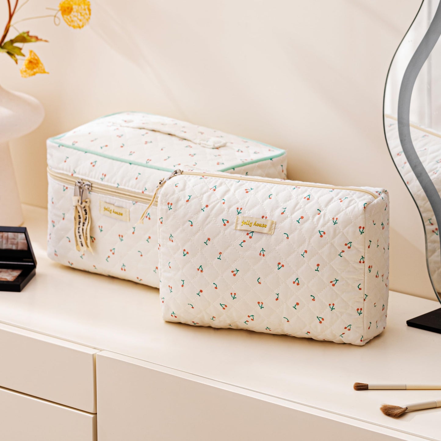 HBselect Quilted Makeup Bag, 3Pcs Cotton Large Travel Makeup Bags Organizer