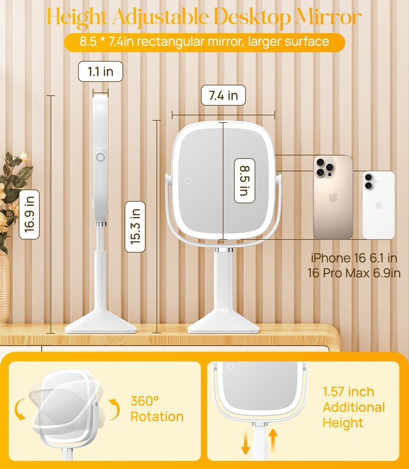 Gospire Rectangle Lighted Makeup Mirror with Lights and 1X/7X Magnifying Mirror, Height Adjustable and 4000mAh Rechargeable for Bedroom, 8.5”x7.4” Large Surface, Stepless Dimming - White