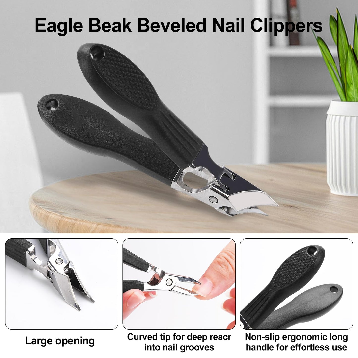 Eagle Beak Nail Clippers for Ingrown & Thick Nails – Beveled/Slanted/Angled Blades, Long Handle Wide Jaw, Anti-Splash Ultra Sharp Stainless Steel Edge 3-Piece Set for Men/Women (Black)