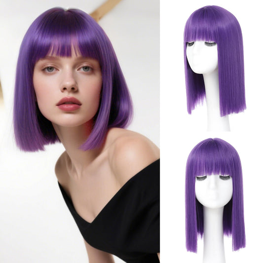 JSDshine Purple Bob Wig With Bangs - Heat Resistant 14Inch Synthetic Hair, Short Straight Shoulder Length Natural-Looking Cosplay Wig for Daily Use, Parties & Women Girls