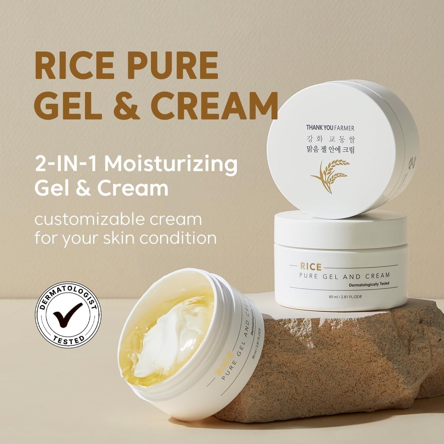 THANKYOU FARMER Rice Pure Gel and Cream, Nourishing Exclusive Korean Rice Extract, Dermatologist Tested, Ceramide, Korean Moisturizer for Dry Skin, Fragrance-Free, 2.81 fl.oz