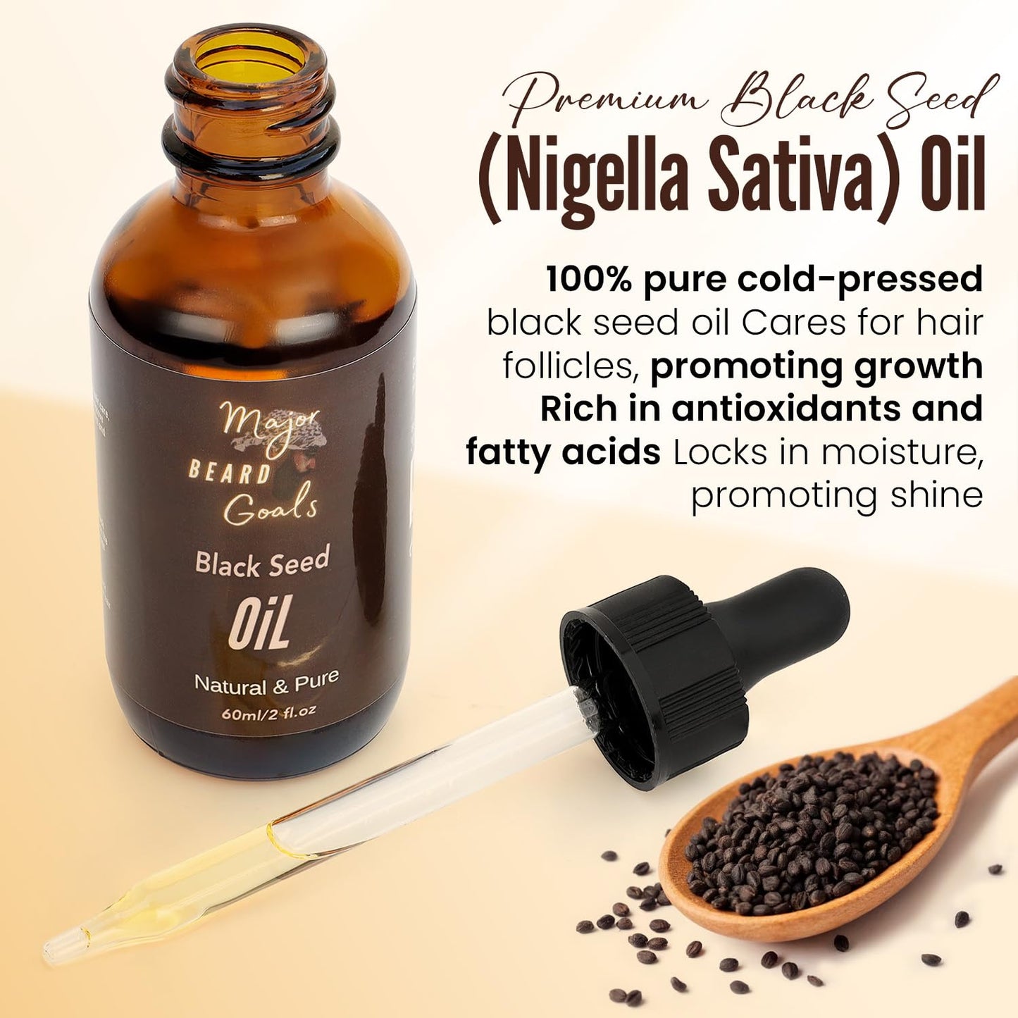Major Beard Goals Black Seed Beard Oil for Men - 100% Cold Pressed Black Cumin Seed Oil for Beard Growth, Strengthens, Conditions, and Hydrates - Hair, Beard, and Mustache Oil for Dry Skin - 2oz