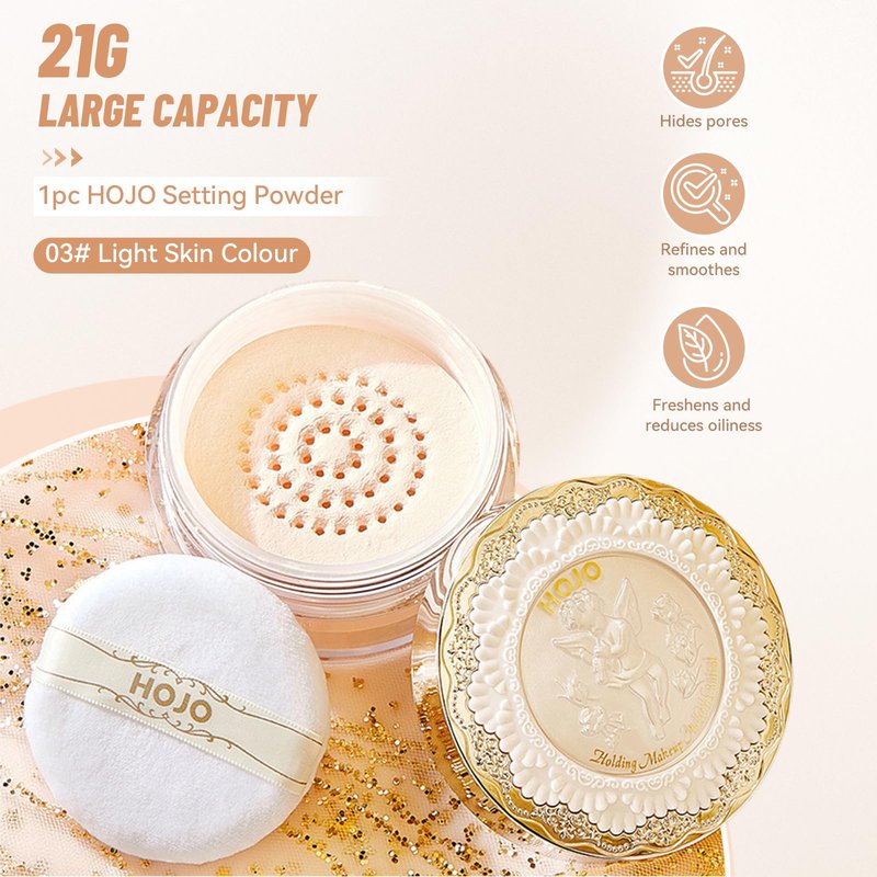 YiGuMy Mineral Loose Setting Powder, 21g, Translucent Face Makeup for Oily Skin, Lightweight Natural Glow, Skincare with Flower Seed Oil, Matte Finish (03 LightSkin, HOJO)
