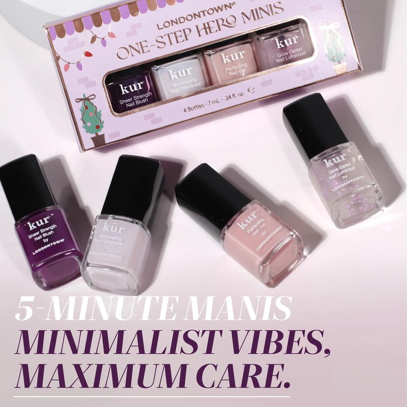LONDONTOWN One Step Hero Minis – 4-Piece Nail Gift Set with Tint, Brightening & Strengthening, No Base or Top Coat Needed