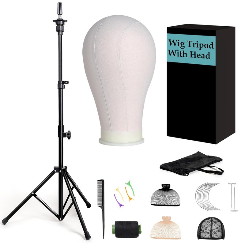 Tall Wig Tripod Stand with Canvas Mannequin Head - 23 Inch Styling Display Kit with Accessories | Adjustable Height 37.4-50.8 Inch