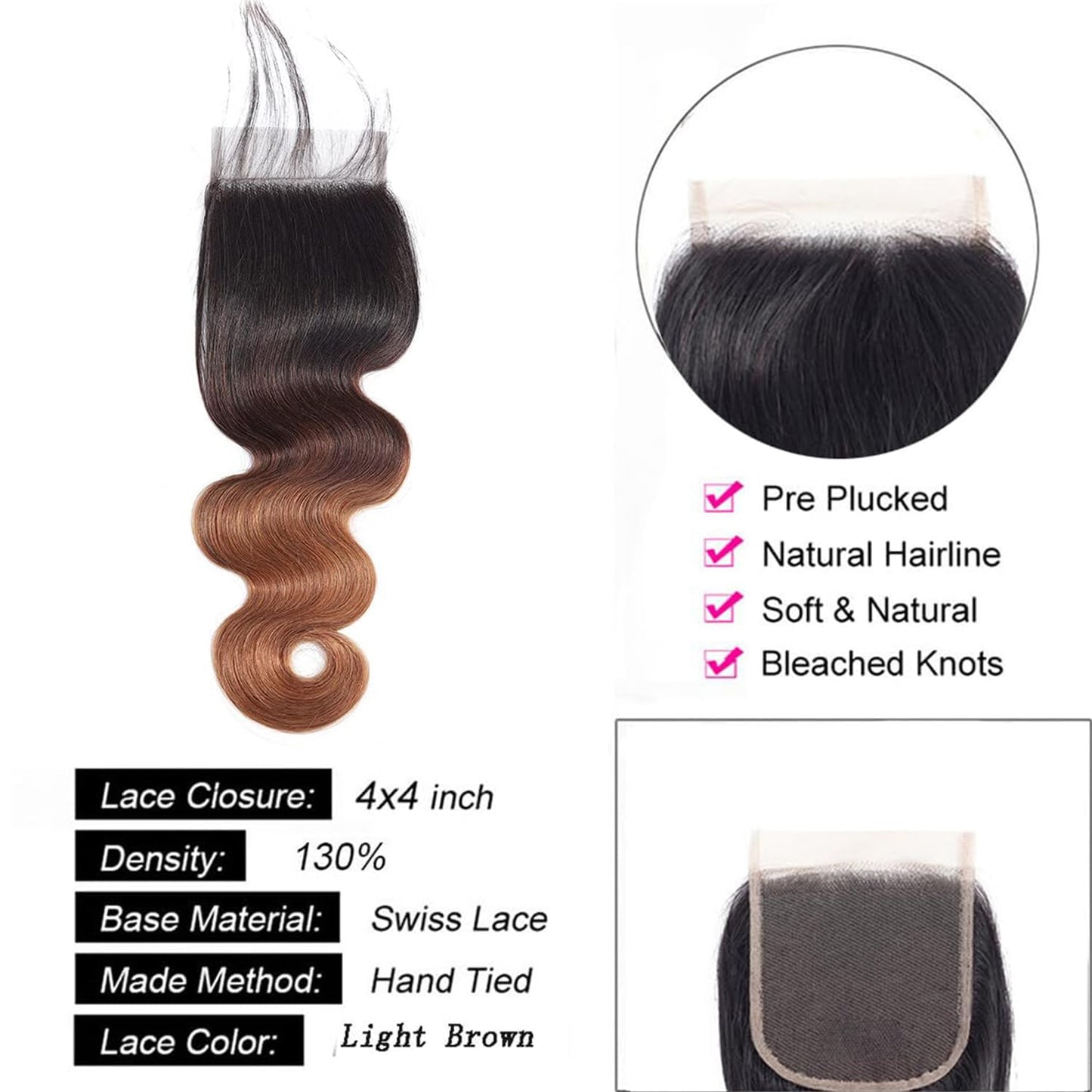 1B/30 Lace Closure 4x4 Hd Transparent Lace Ombre Closure Body Wave With Pre Plucked Baby Hair High Density Brazilian Virgin Hair For Woman (20 Inch)