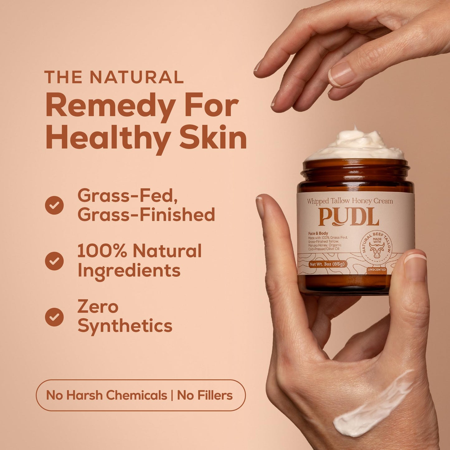 PUDL Whipped Beef Tallow Face Cream with Manuka Honey – Grass Fed Grass Finished Tallow Balm with Organic Jojoba & Olive Oil – Natural Face & Body Moisturizer for Sensitive Skin, Made in USA, 3 oz