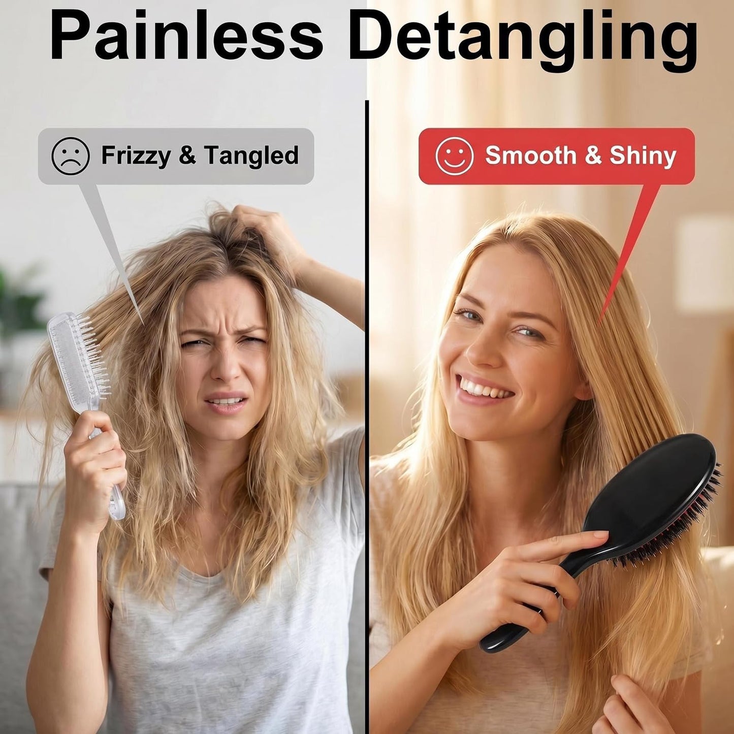 Morsafe Boar Bristle Hair Brush for Women Men Painless Detangling Paddle Brush for Curly Fine Tangled Hair, Anti-frizz Boar Nylon Bristle Cushioned Brush, Includes Cleaning Tool