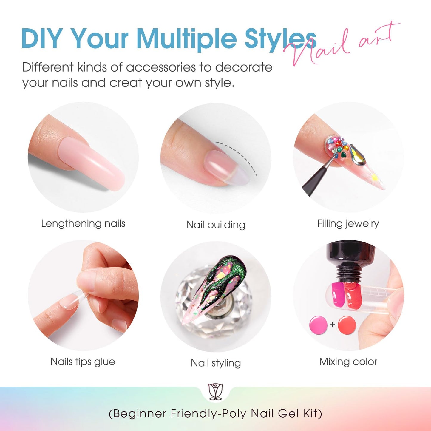 ROSALIND Neon Poly Nail Gel Kit, 14 Colors White Black Yellow Pink Poly Nail Gels Kit with Slip Solution and Mini Lamp Poly Nails Gel Starter Kits For All Seasons Beginner DIY at Home