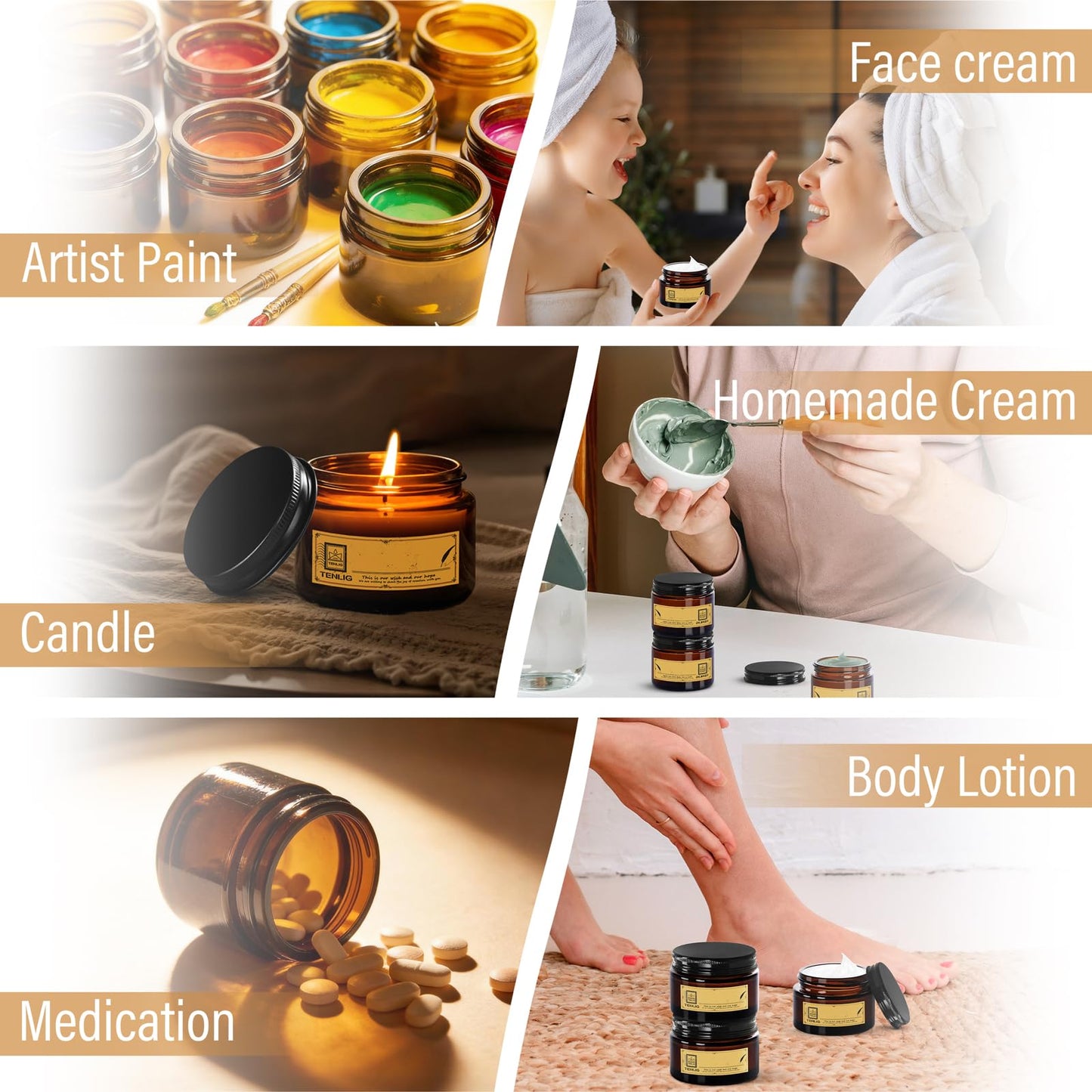 TENLIG 1.75 oz Glass Jars with Lids,Amber,12 Pack Empty Cosmetic Containers with Inner Liners,Black Metal Lid,Refillable Round Airtight Jars,Use to store Lotion,Powders,Candle Making