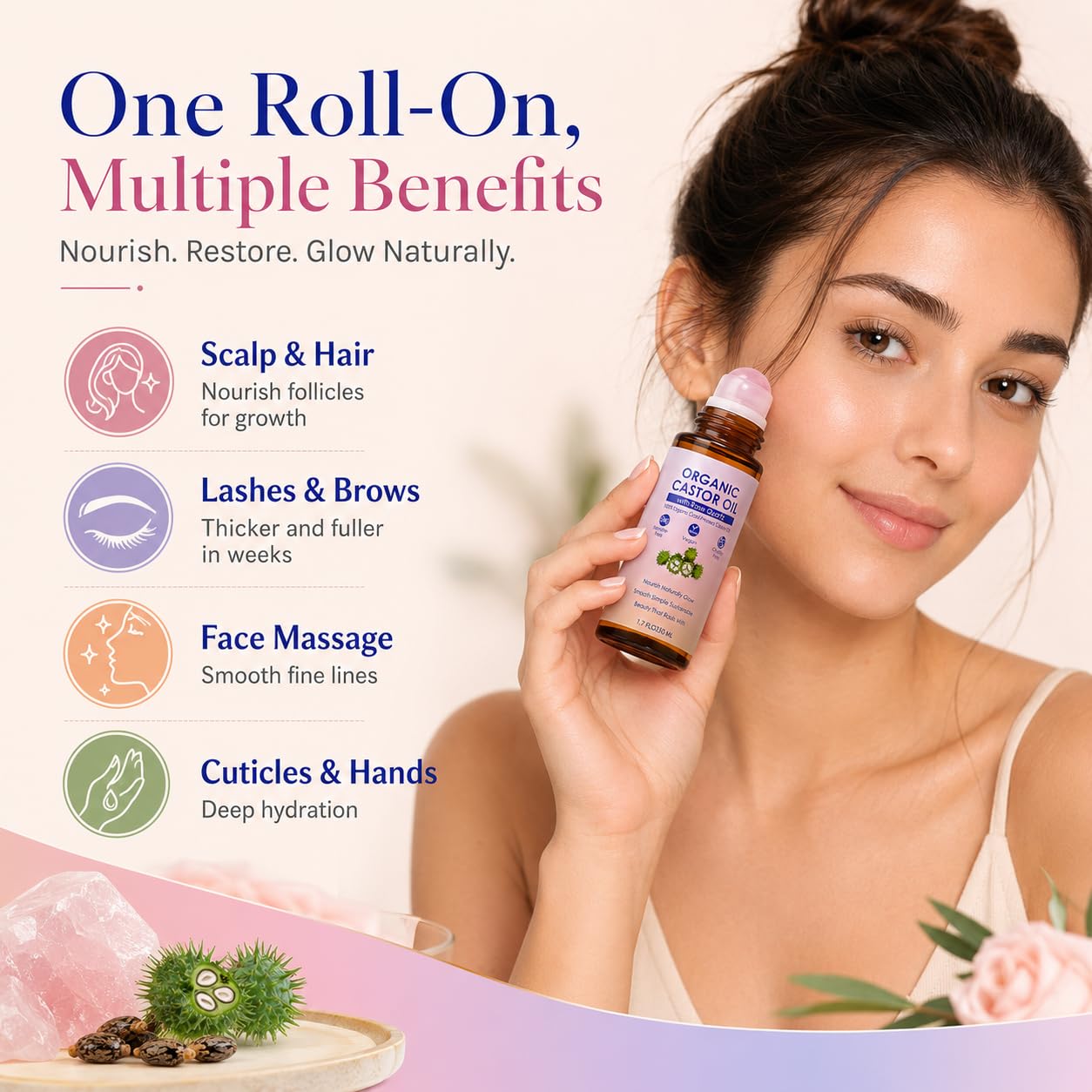 SDXJIOGE Organic Castor Oil with Rose Quartz Roller, 100% Pure Cold-Pressed, Organic Castor Oil Roll On Rose Quartz, Hexane-Free,Amber Glass Bottle for Skin 1.7oz (2)