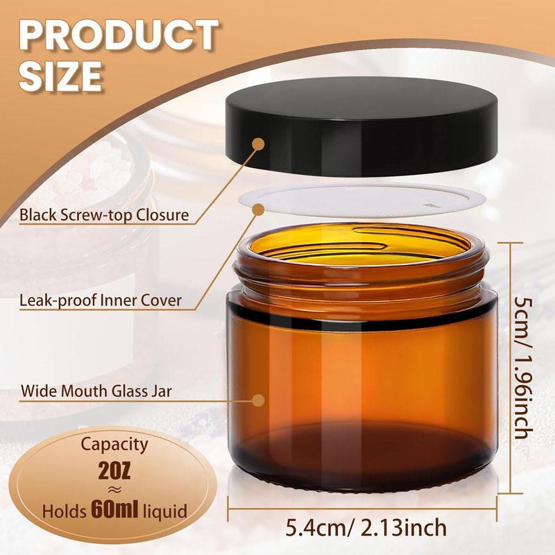Amber Glass Jars - 2oz Cosmetic Containers with Lids & Labels | 24 Pack for Creams, Lotions, Body Butter