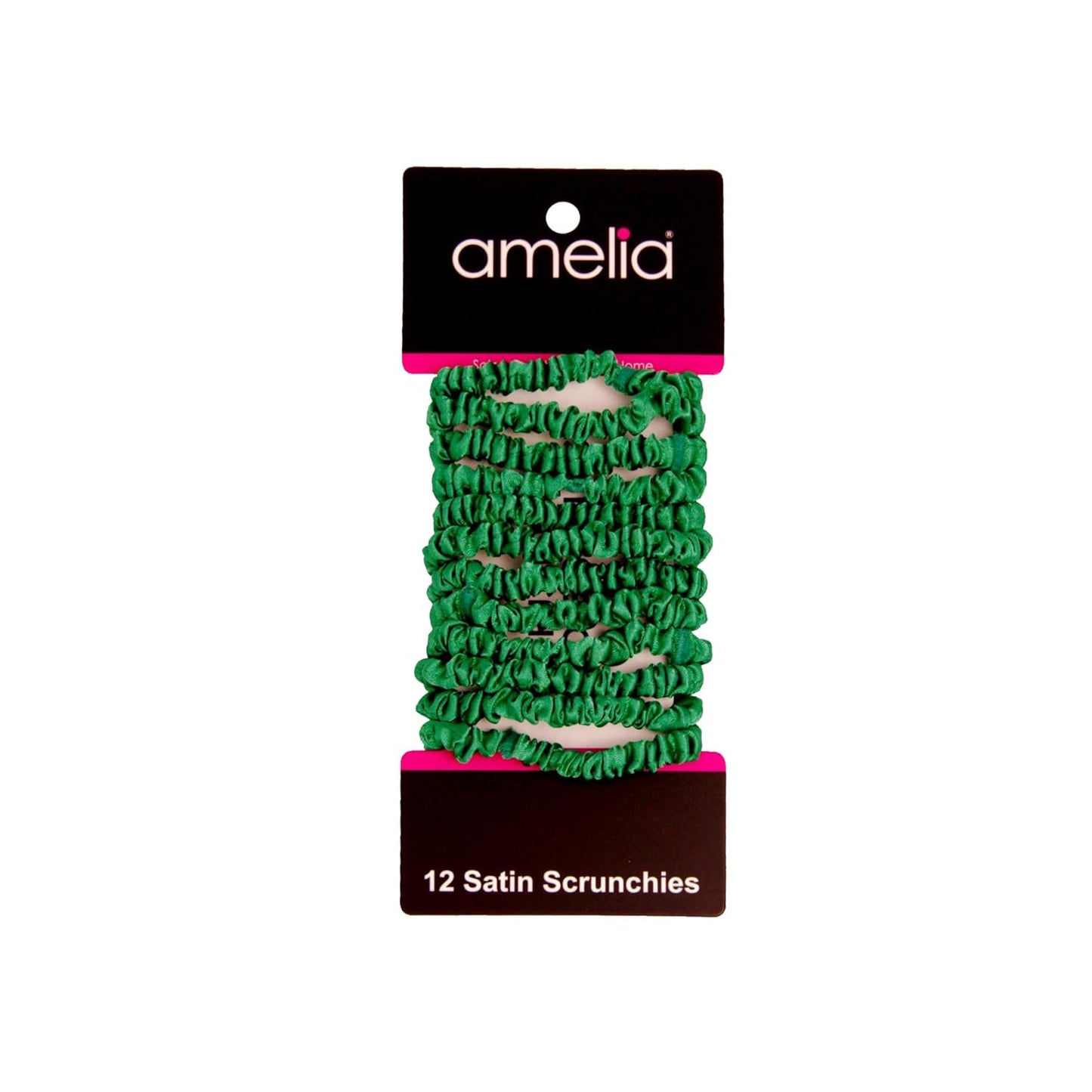 Amelia Beauty, Black, Skinny Satin Scrunchies, 12 Pack – 2in Diameter, Gentle & Strong Hold, No-Snag, No-Dent, Crease-Free Hair Ties