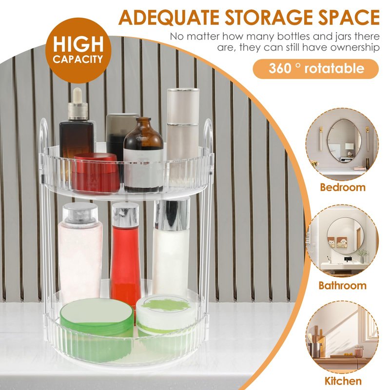 Rotating Makeup Organizer 360°Rotating Skincare Organizer Large Capacity Rotating Cosmetic Organizer 2 Layers Rotating Vanity Organizer Practical Rotating Dresser Organizer for Countertop (Clear 2PCS)