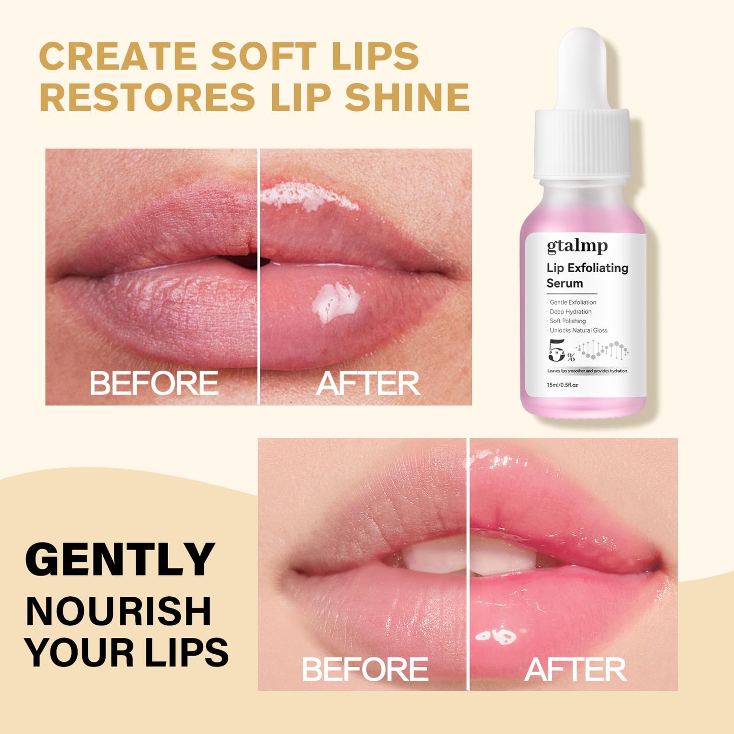 gtalmp PHA 5% Exfoliating Lip Serum - Gentle Overnight Treatment for Dry, Flaky Lips, Hydrating Lip Exfoliator & Primer for Smoother, Softer & Plump-Looking Lips (1)