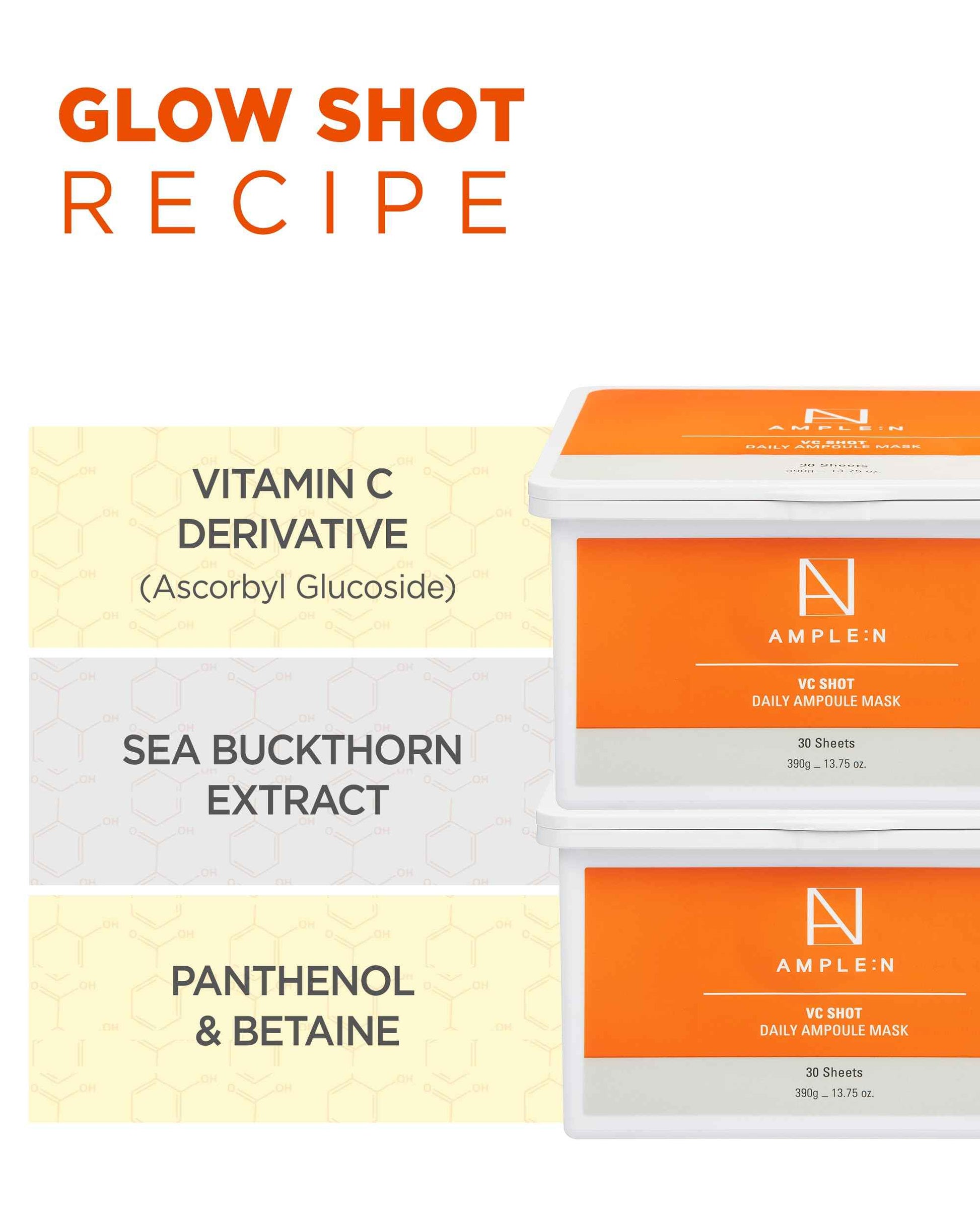 VC Shot Daily Ampoule Mask - Korean Face Sheet Masks with Vitamin C for Radiant Skin Tone Daily Facial Treatment with Niacinamide for Hydration & Complexion Enhancement, 30 Sheets